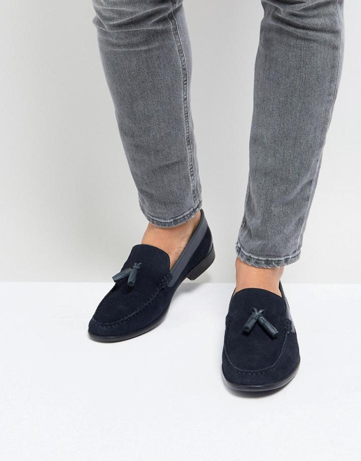 Silver Street Tassel Loafers In Navy Suede - Blue