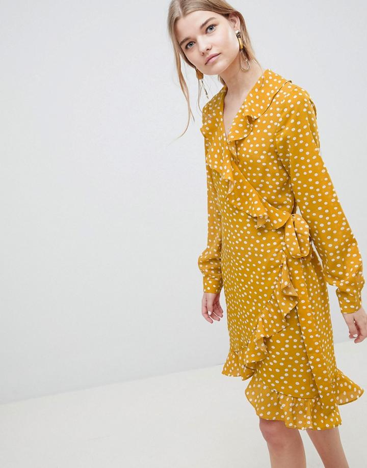 Selected Chanie Ruffle Polka Dot Wrap Dress - Yellow