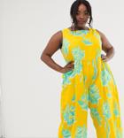 Asos Design Curve Minimal Jumpsuit With Ruched Waist In Floral Print-multi