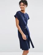 Asos Belted Midi Dress With D-ring Belt - Navy