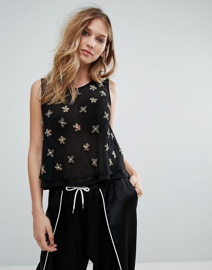 Qed London Sleeveless Chiffon Blouse With Embelished Detail - Black