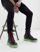 Asos Design Lace Up Hiker Boots In Black With Neon Green Sole - Black