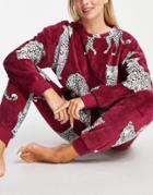 Chelsea Peers Cozy Leopard Sweater And Sweatpants Set In Burgundy-red