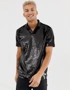 Asos Design Relaxed Revere Polo Shirt In Black Sequins - Black