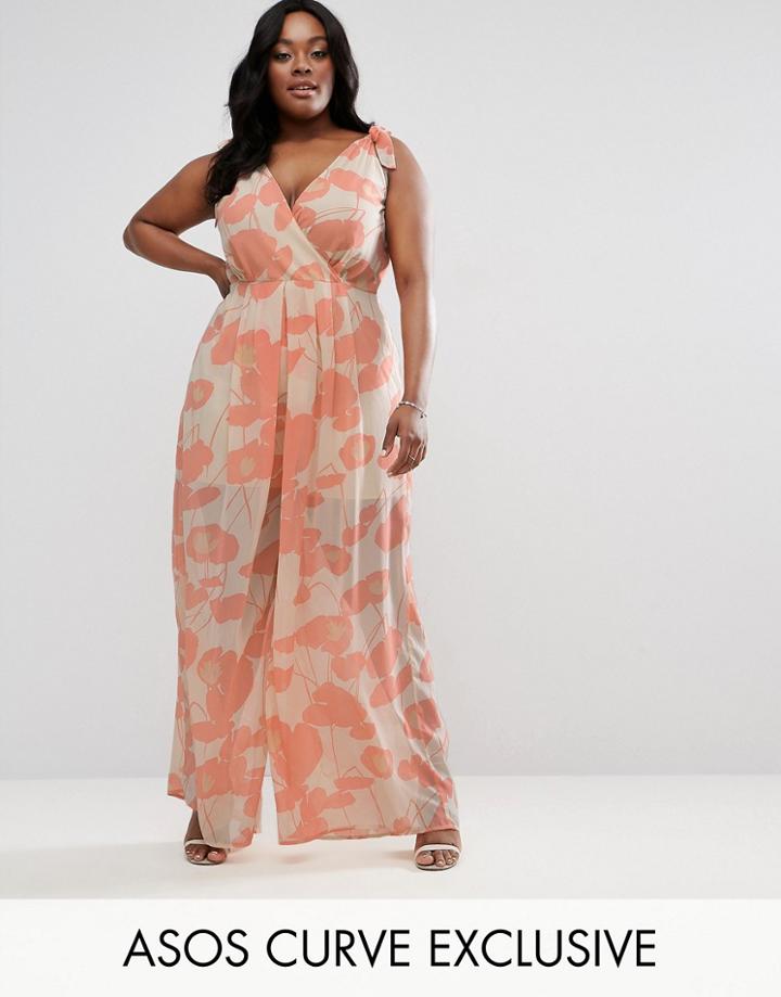 Asos Curve Wide Leg Jumpsuit In Abstract Print With Knot Detail - Multi