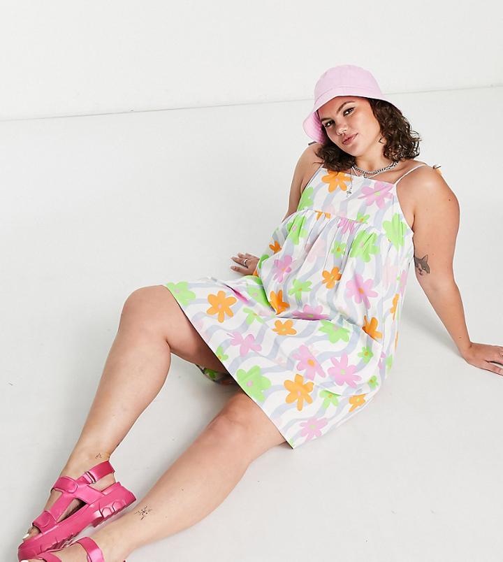 Native Youth Plus Strappy Cami Smock Dress With Pockets In Wavy Floral-multi