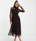 Lace & Beads Long Sleeve Polka Dot Midi Dress With Lace Inserts In Black Heart