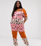 Liquorish Plus Jumpsuit With Belt In Contrasting Orange Leopard Print-multi