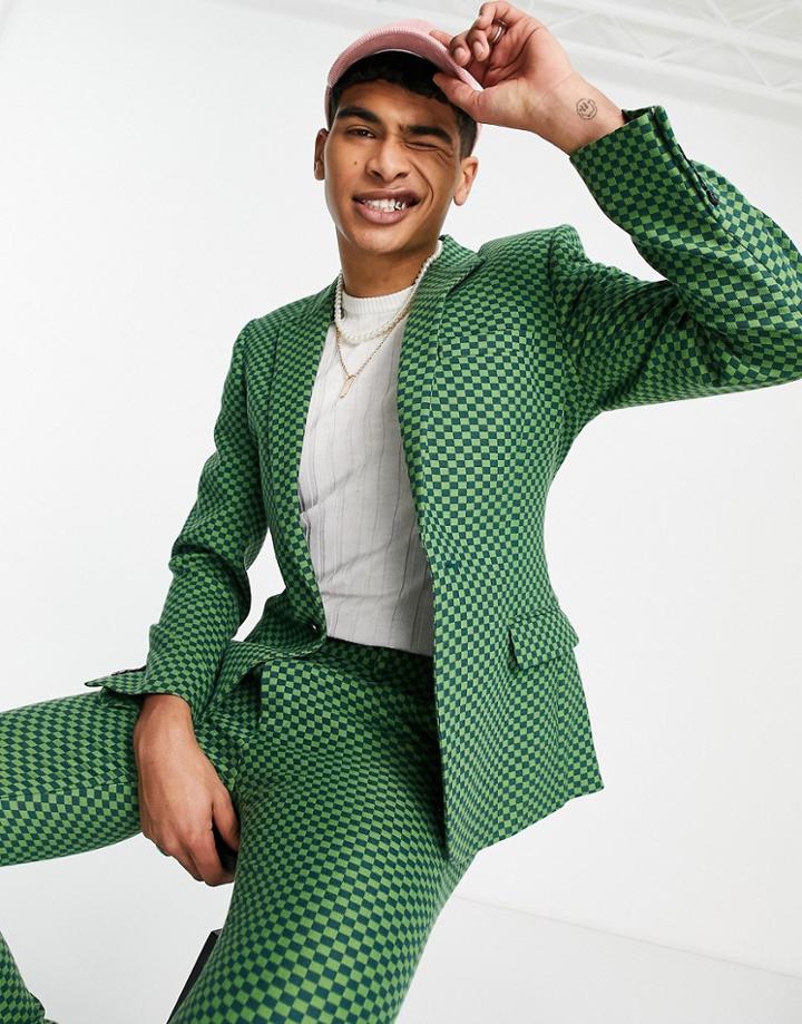 Asos Design Skinny Suit Jacket In Green Checkerboard