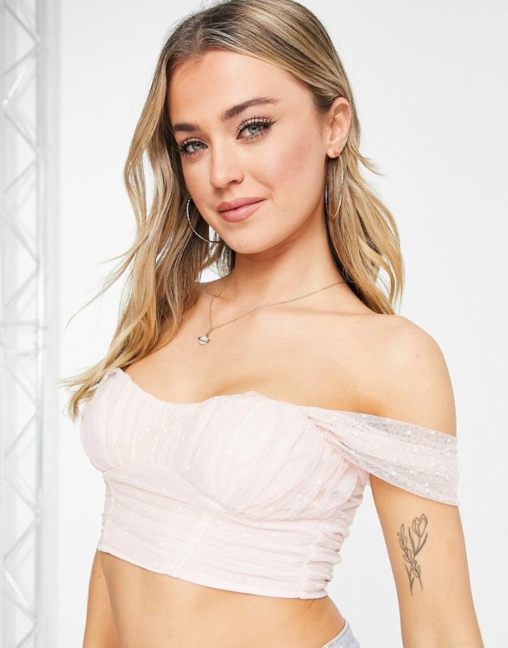 Miss Selfridge Pleated Textured Mesh Bardot Crop Top In Blush-pink
