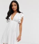 Asos Design Petite Mini Dress With Godet Lace Inserts-white