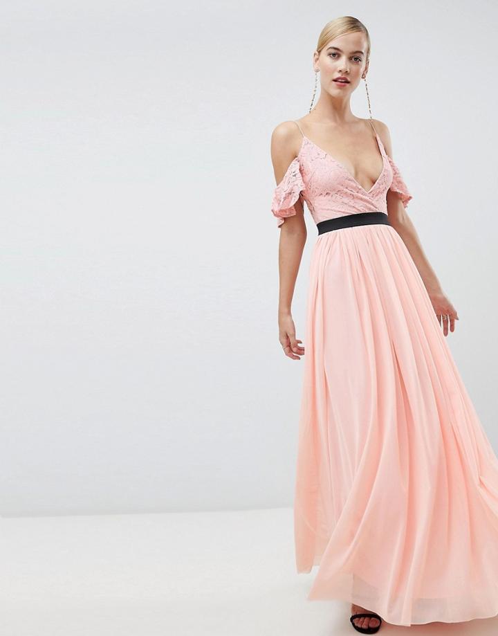 Rare London Lace Top Contrast Skirt Maxi Dress-pink