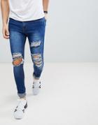 Liquor N Poker Mid Blue Open Rips Super Skinny Jeans - Blue