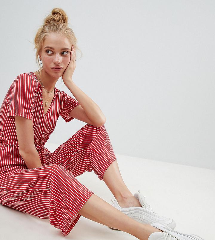Daisy Street Jumpsuit With Wrap Front In Stripe - Red