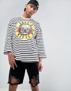 Asos Guns And Roses Oversized Band T-shirt With Stripe And 3/4 Sleeve - White