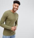 Asos Design Tall Muscle Fit Textured Sweater In Khaki-green