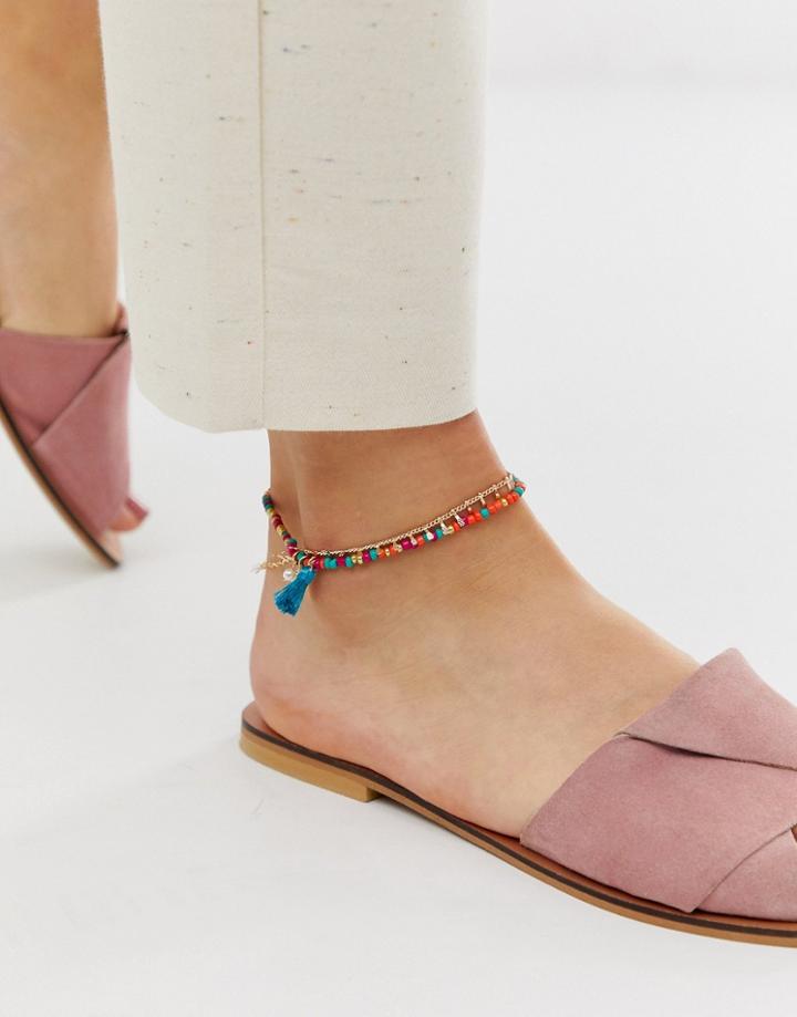 Asos Design Multirow Anklet With Multicolor Beads And Faux Shell Tassel Charms In Gold Tone