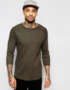 Asos Ribbed Jersey Extreme Muscle 3/4 Sleeve T-shirt In Green - Green