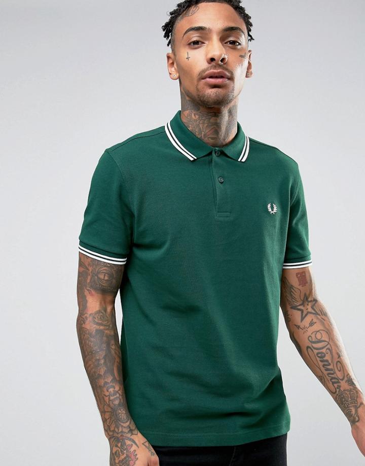 Fred Perry Slim Pique Polo Shirt Twin Tipped In Green - Green