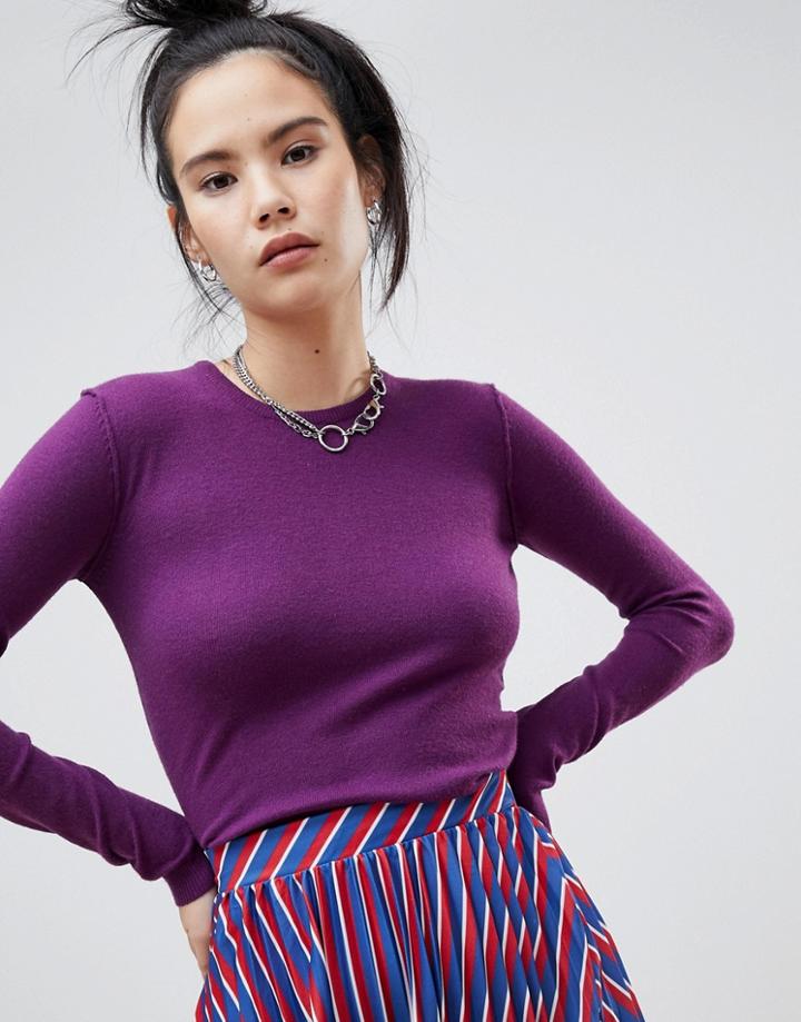 Pull & Bear Long Sleeved Crew Neck Sweater Plain In Berry - Red