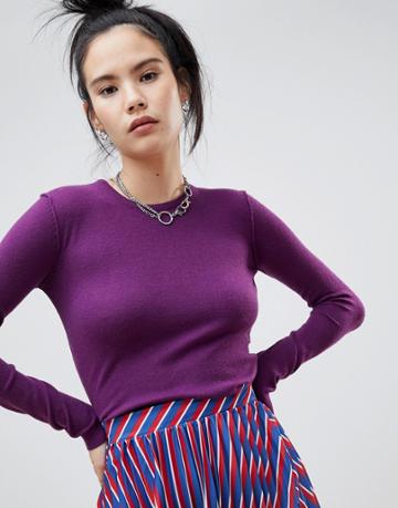 Pull & Bear Long Sleeved Crew Neck Sweater Plain In Berry - Red