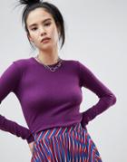 Pull & Bear Long Sleeved Crew Neck Sweater Plain In Berry - Red