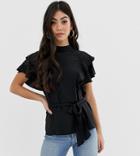 Asos Design Petite Belted High Neck Top With Ruffle Sleeves-black