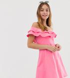 Asos Design Petite Double Frill Off Shoulder Sundress - Pink