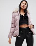 Lipsy Cropped Puffer Jacket With Hood And Faux Fur Trim In Nude - Pink