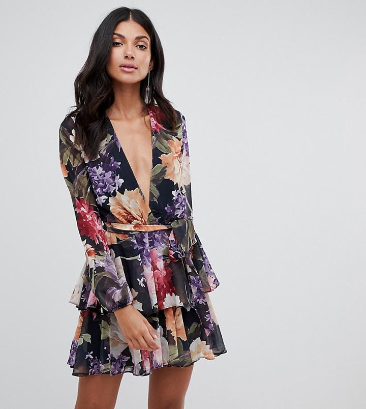 John Zack Tall Plunge Front Ruffle Tea Dress In Floral - Multi