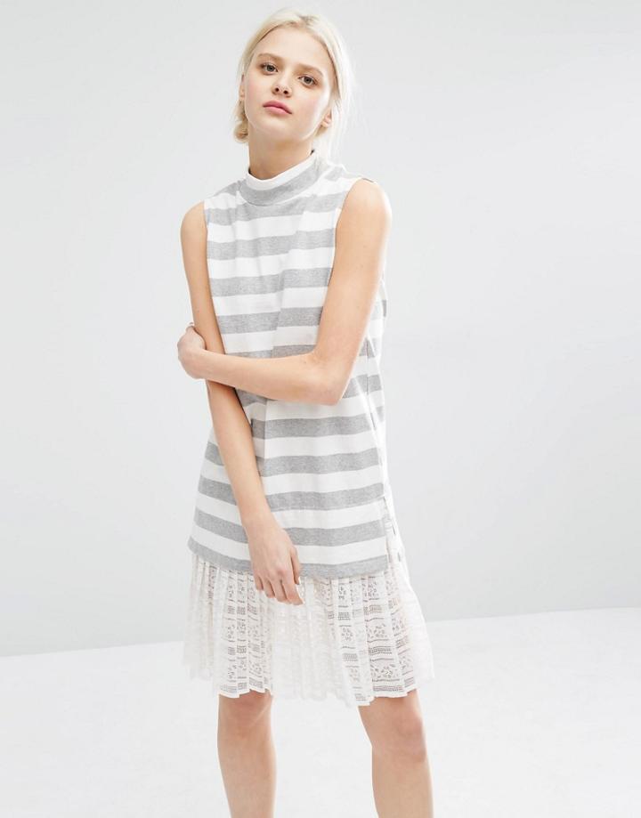 I Love Friday High Neck Sleeveless Dress In Marl Stripe With Lace Trim Hem - White