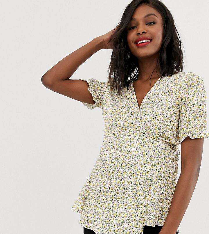 New Look Maternity Ditsy Floral Frill Hem Top In White