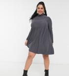 Simply Be Smock Dress With High Neck Detail In Dark Gray-grey
