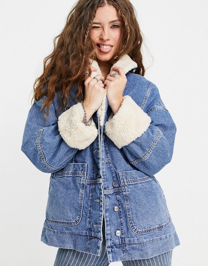 Topshop Sherpa Jacket In Mid Blue-blues