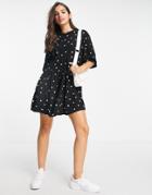 Asos Design Oversized Mini Smock Dress With Dropped Waist In Mono Spot-black