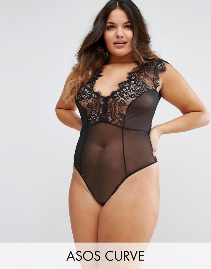 Asos Curve Sidney Eyelash Lace Plunge Body - Black