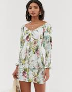 Asos Design Button Through Shirred Mini Dress In Tropical Print - Multi