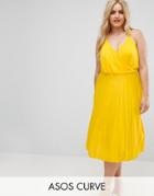 Asos Curve Blouson Wrap Midi Dress With Pleated Skirt - Yellow