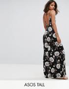 Asos Tall V Back Maxi Dress In Dark Floral - Black