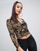 Asos Design Square Neck Fitted V Detail Long Sleeve Top In Scarf Print-multi