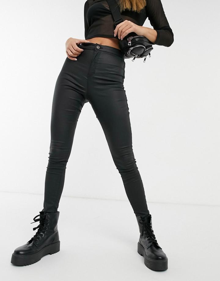 Topshop Joni Coated Jeans In Black