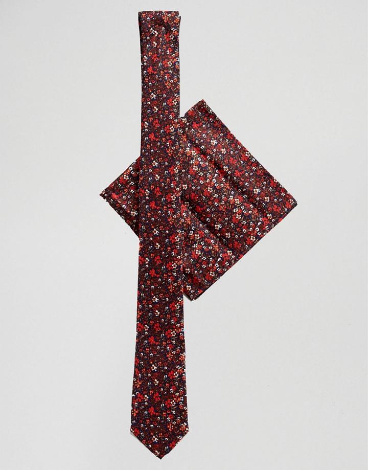 Asos Design Slim Tie And Pocket Square In Red Ditsy Floral - Red