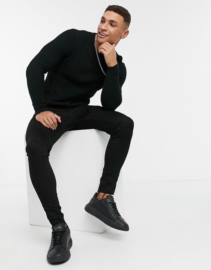 Asos Design Muscle Fit Waffle Knit Sweater In Black