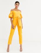 Asos Design Off Shoulder Puff Sleeve Jumpsuit With Belt-yellow