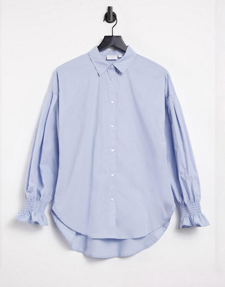 Vila Cotton Shirt With Cuff Detail In Blue-blues