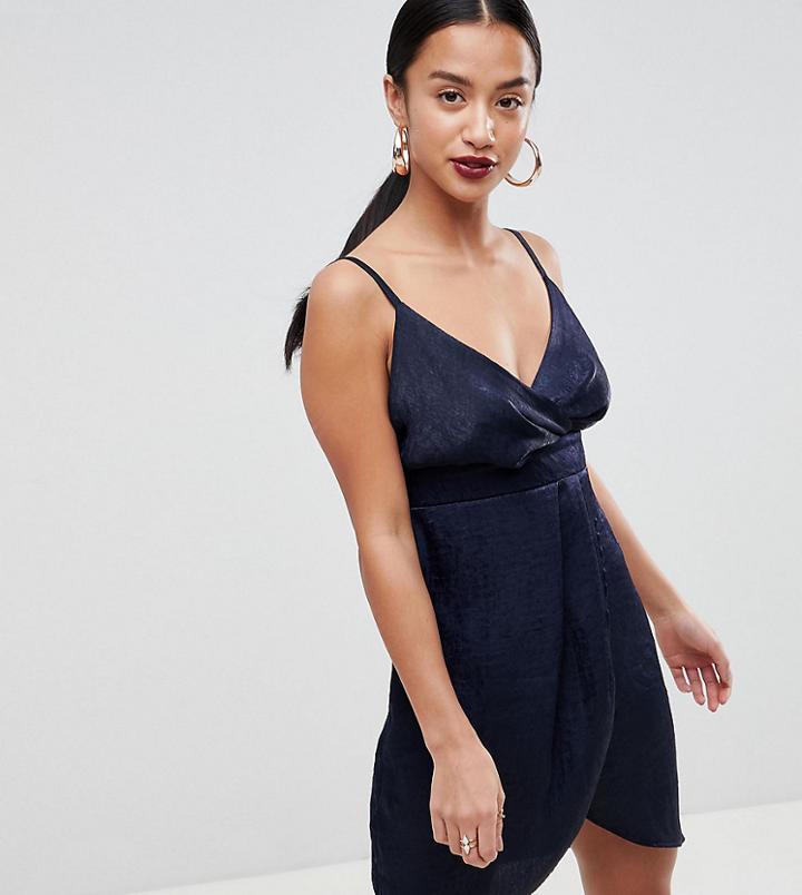 Flounce London Petite Wrap Front Satin Midi Dress-navy