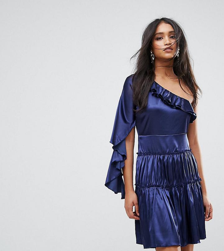 Lioness Frill One Shoulder Tiered Mini Dress-navy