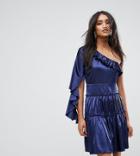 Lioness Frill One Shoulder Tiered Mini Dress-navy