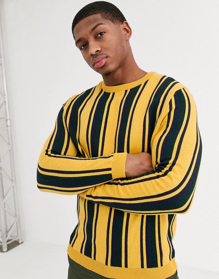 Asos Design Muscle Fit Sweater In Vertical Stripe Design In Mustard-multi