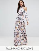 Ttya Black High Neck Cold Shoulder Maxi Dress With Pleated Waist Detail In Large Scale Floral Print - Pink